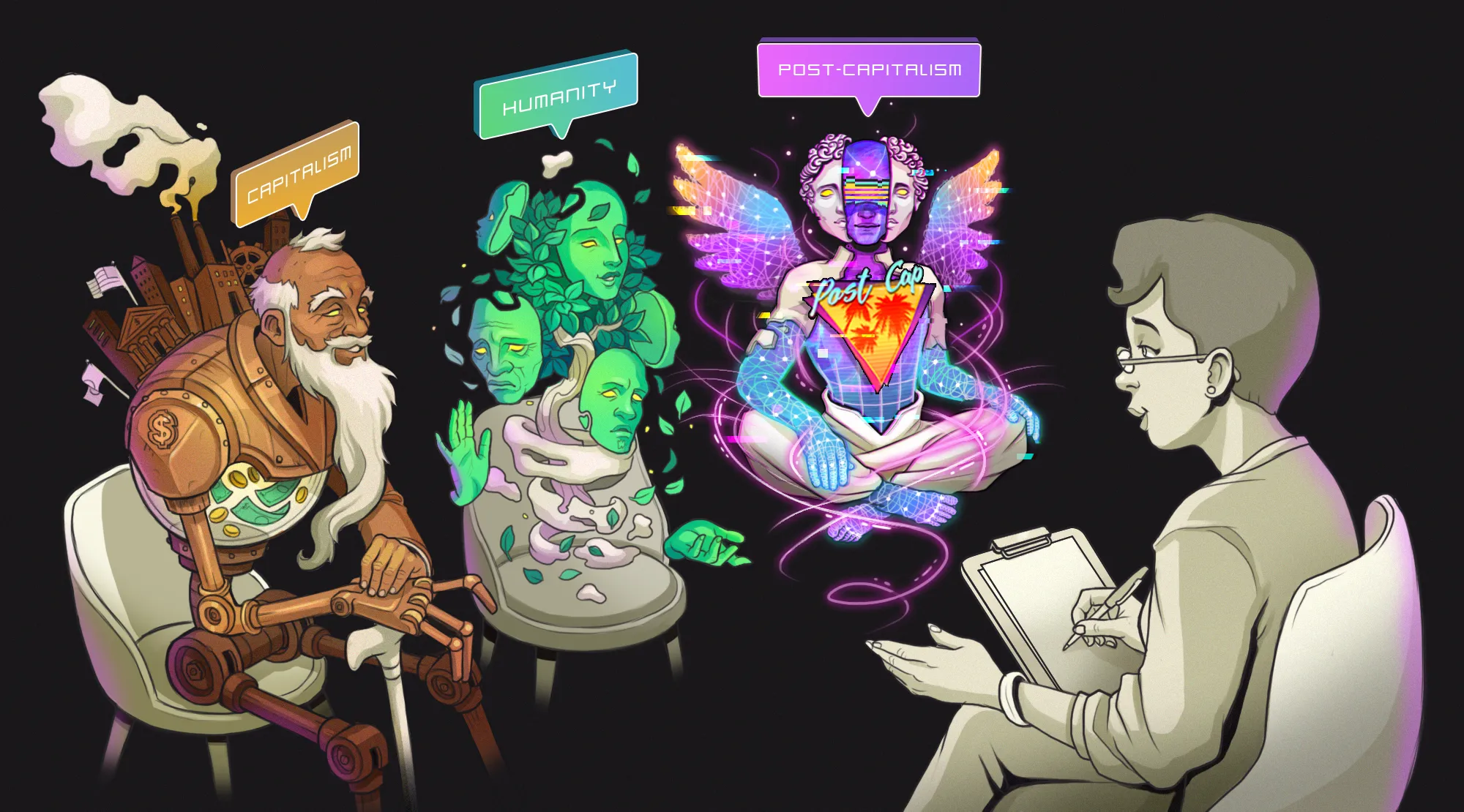 Illustration of the therapy session: Humanity, Capitalism, Post-Capitalism, and the Therapist