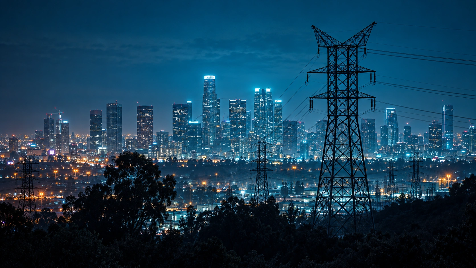 AI-generated city skyline and electricity transmission towers at night