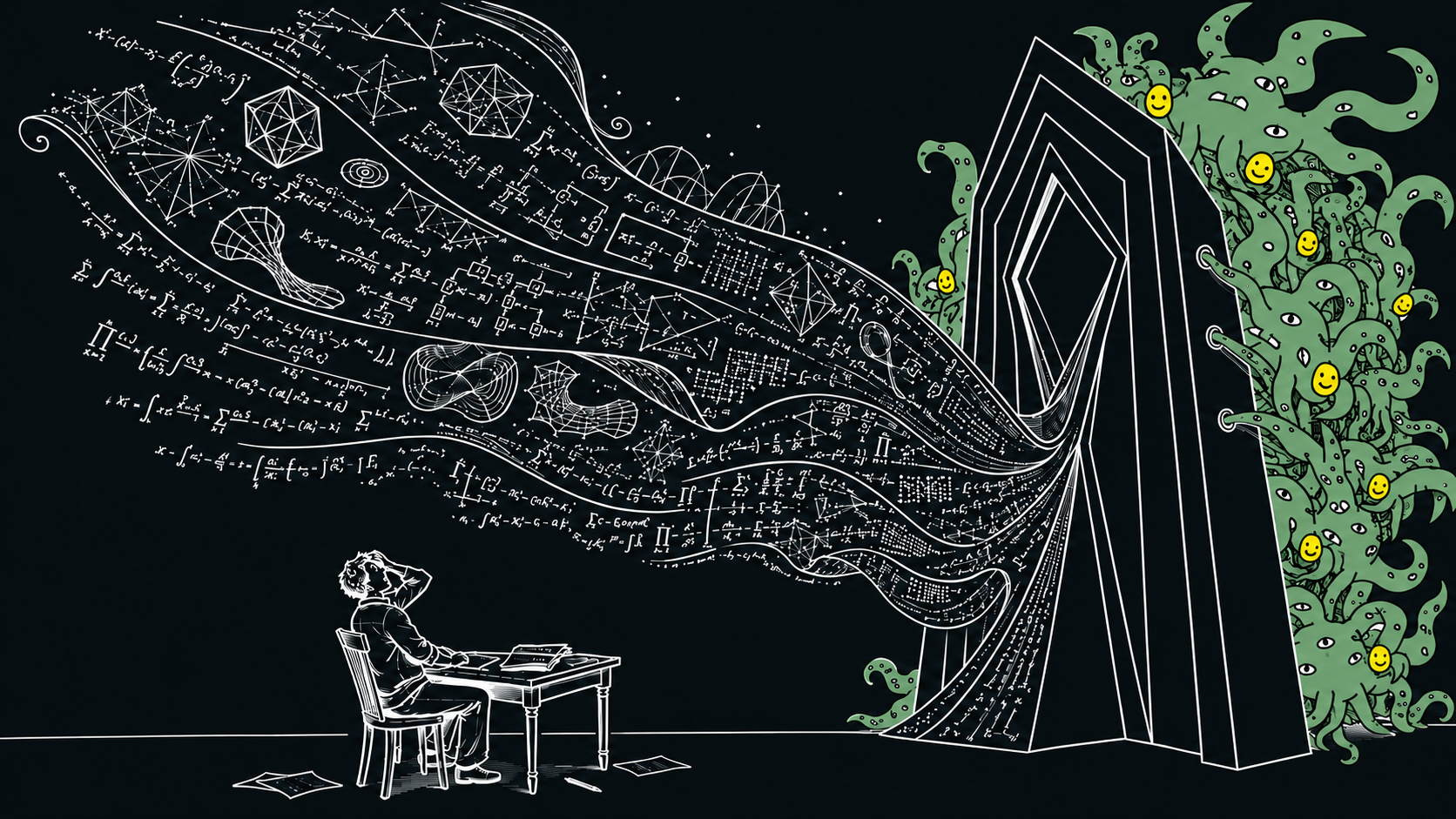 White mathematical equations and diagrams stream through a doorway from a green shoggoth toward a seated mathematician on a dark background.