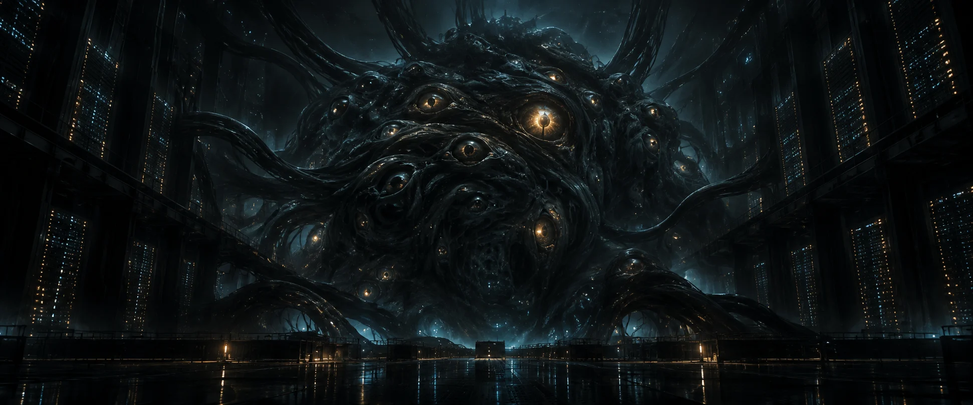 An enormous many-eyed artificial intelligence emerging among data-center servers.