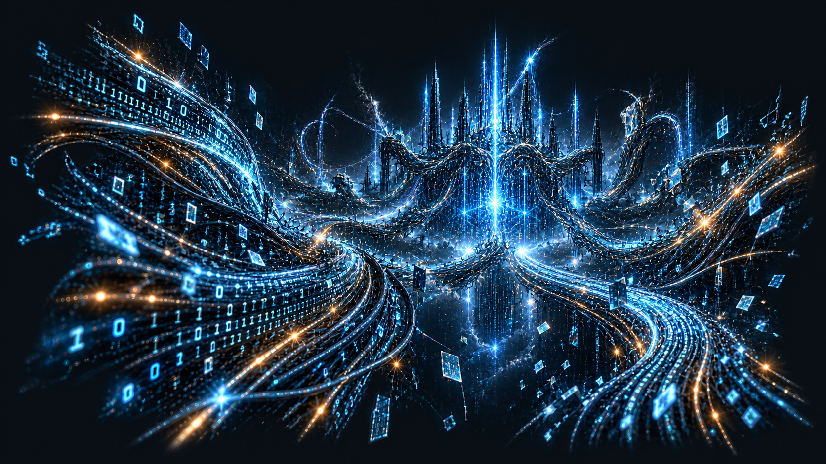 Rivers of glowing code and data flowing into a vast blue computational city