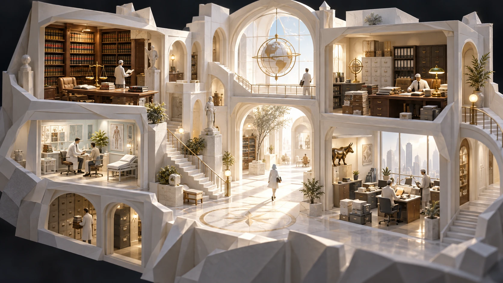A luminous white architectural world opens onto legal, accounting, healthcare, and finance workspaces