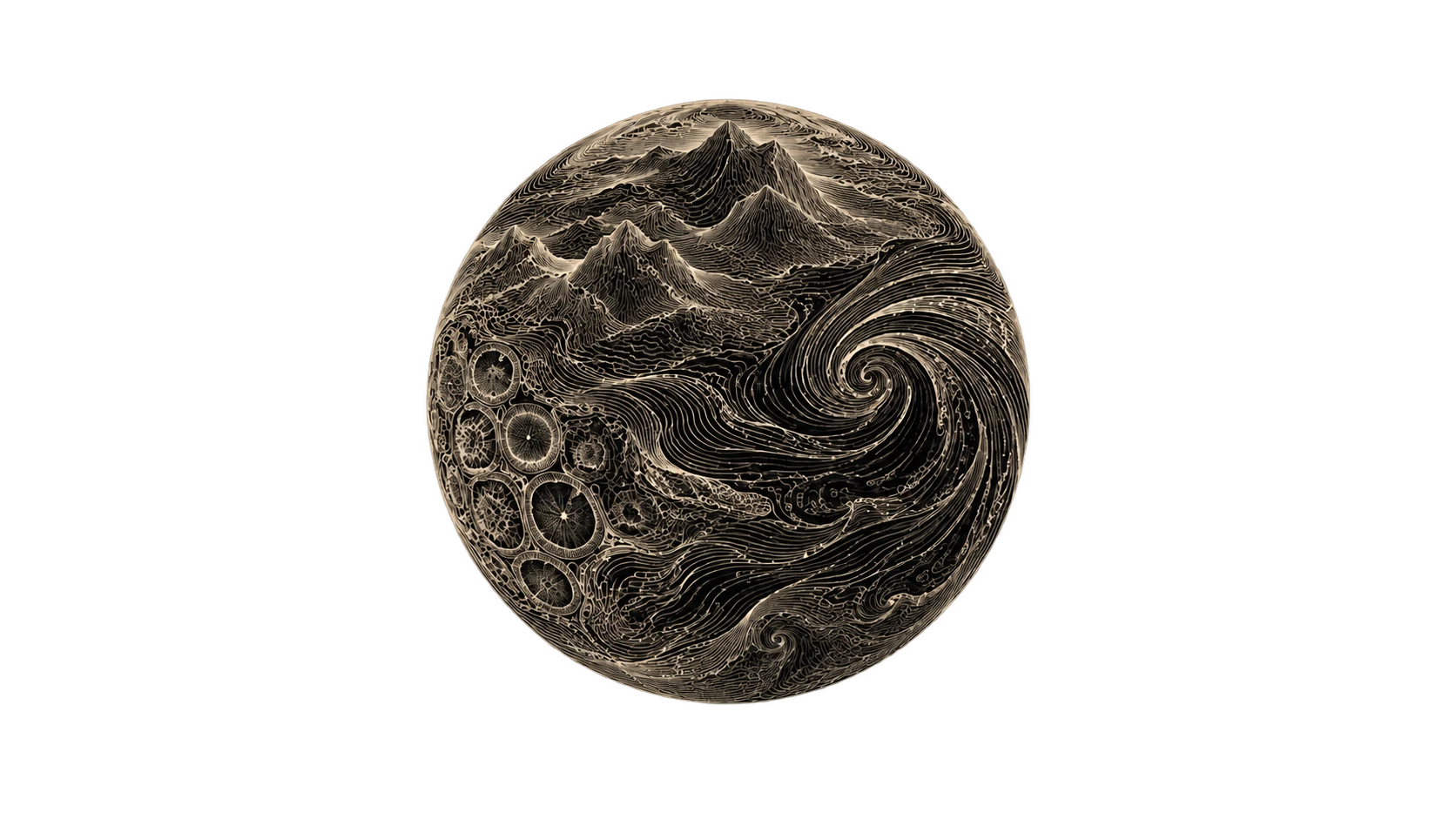 A sphere etched in fine ivory contour lines, flowing between mountain terrain, ocean currents, and cellular forms.