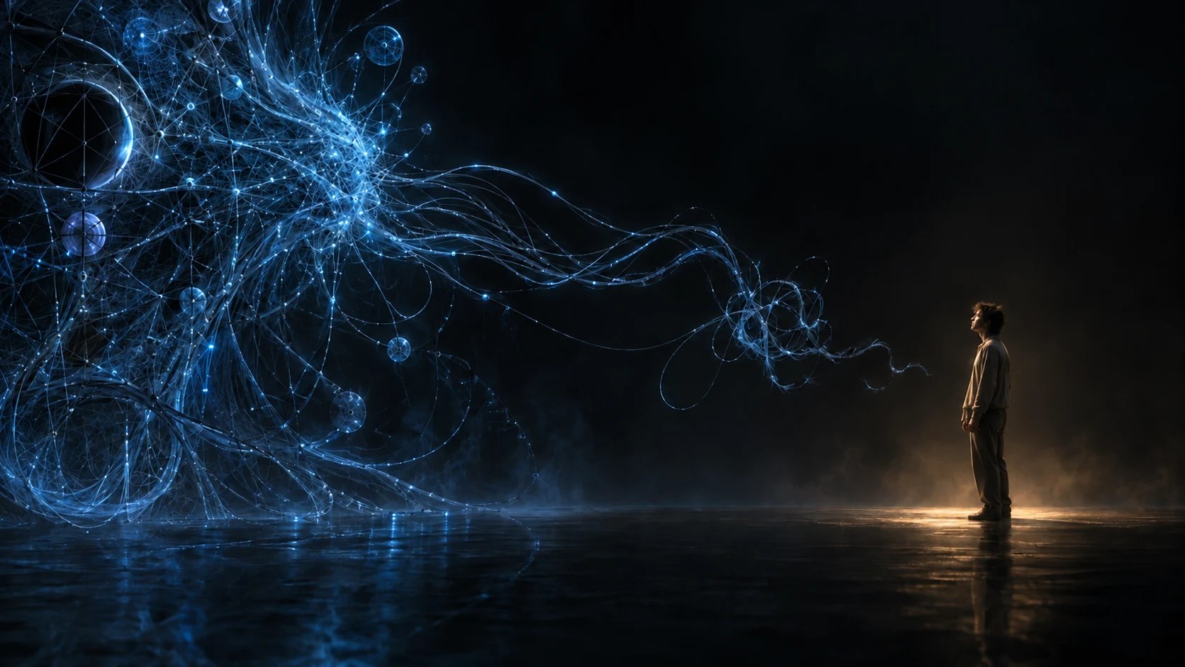 An abstract blue neural web reaches uncertainly toward a person standing in warm light.
